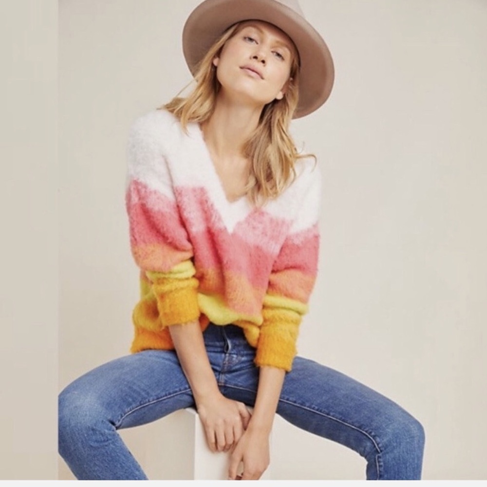 Anthropologie SZ SM Simone Striped V Neck Sweater Orange Pink